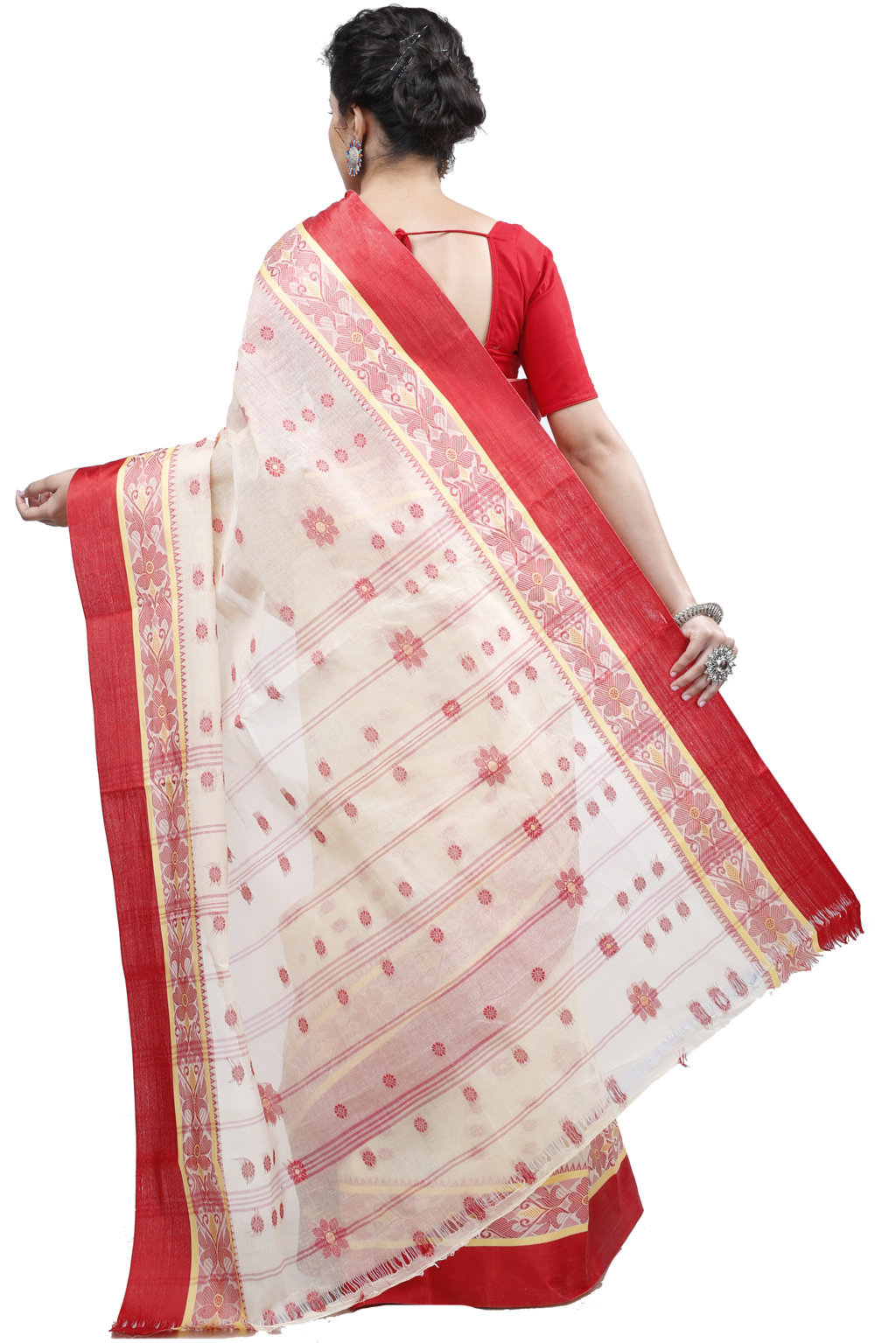 Cream Red Pure Cotton BolLata_Tant Tant Saree (201)